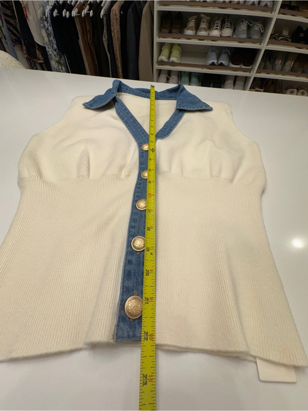 Commense Cream Knit Vest with Blue Denim Trim - Picture 12 of 14